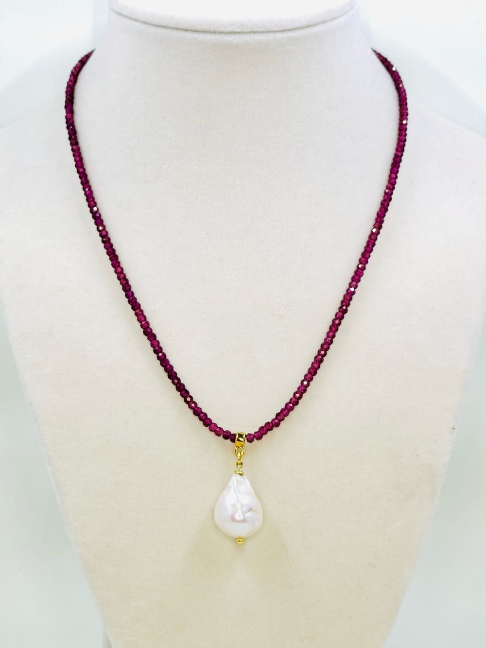 Mayamar Red Garnet Crystal Beaded Necklace W/Baroque Pearl Drop & 18k GP Clasp